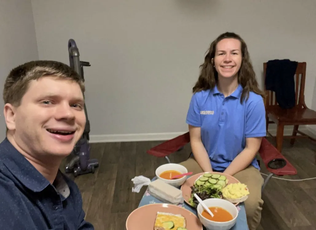 First meal in Elliott's apartment in Columbia, South Carolina